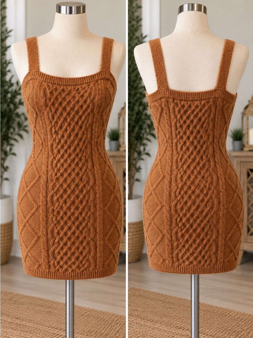 Cable Knit Bodycon Tank Dress - Brown
